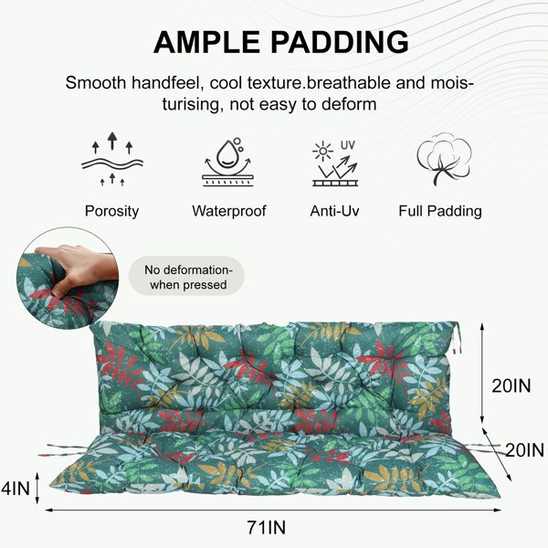 Outdoor Swing Cushions 70 Inch, Waterproof 4i Thick Porch Swing Cushion Replacement With Backrest And Ties, Comfortable 2-3 Seat Pation Swing Pad For Backyard, Garden, Lawn, Outdoor Furniture-Flower - Image 4