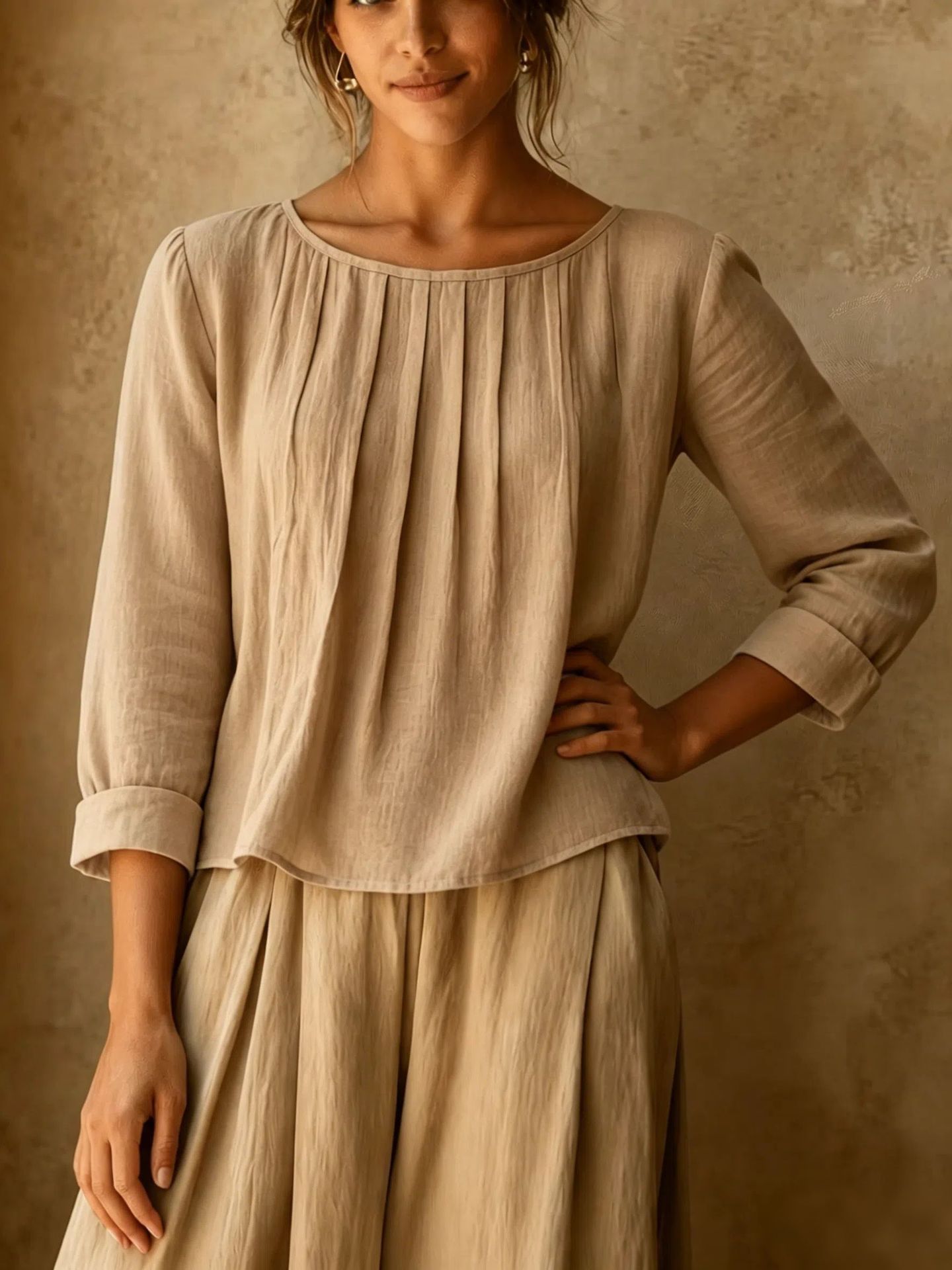 Womens Cotton-linen Top Loose-fit Round-neck Shirt - Image 7