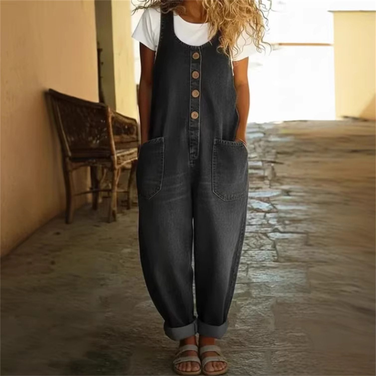 Womens Sleeveless Pocket Denim Jumpsuit