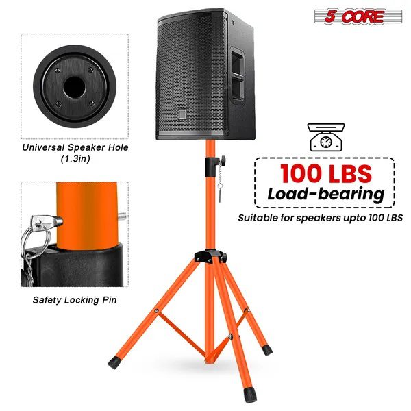 5 Core Speaker Stand Pair Height Adjustable PA DJ Tripod Studio Monitor Stands W 35mm Compatible Insert - SS ECO 2PK ORG WoB - Image 5