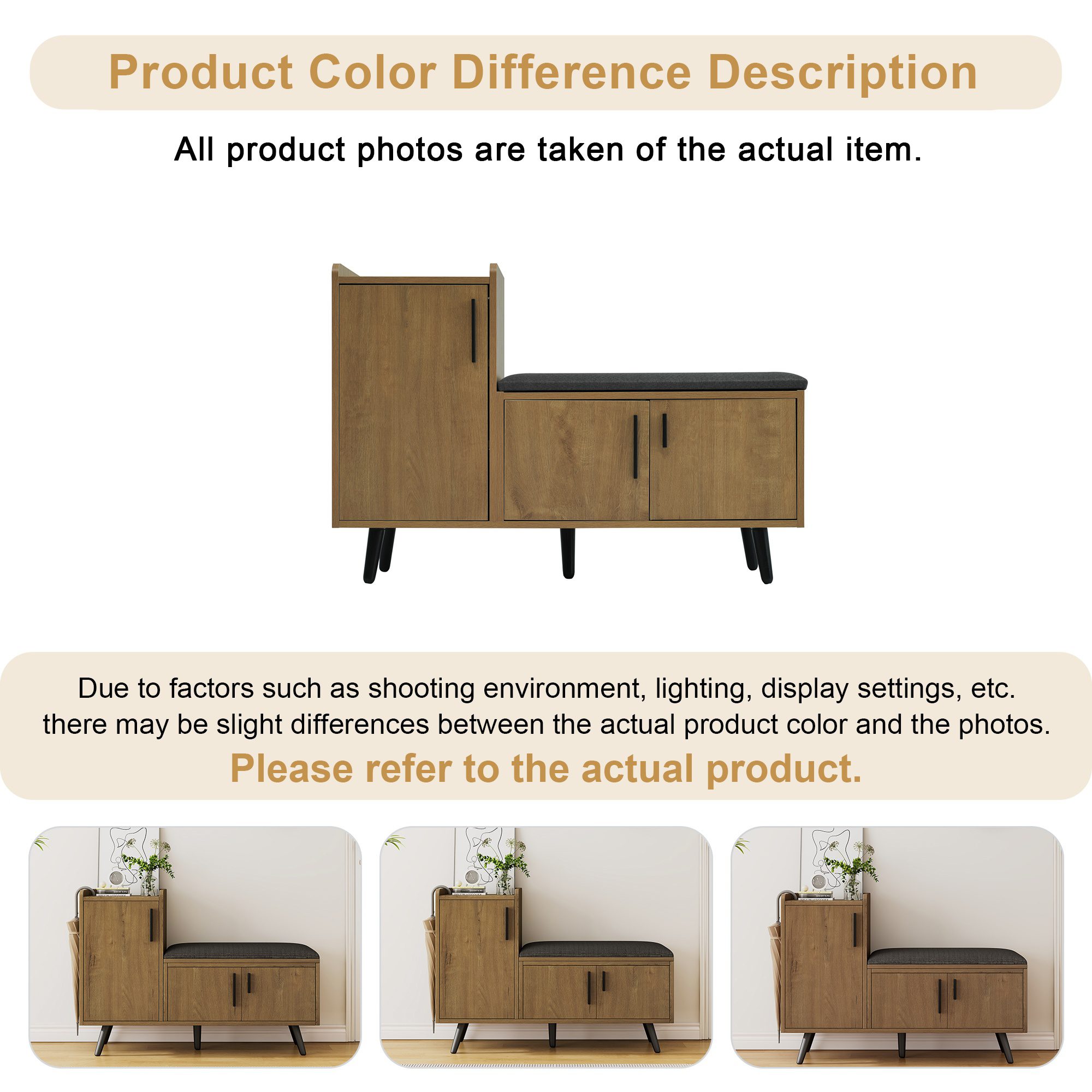 Modern Shoe Bench Storage Cabinet, Adjustable Storage Space For Boots Or Heels, Asymmetrical Metal Handles, Natural, 100 X 34 X 69 Cm - Image 5