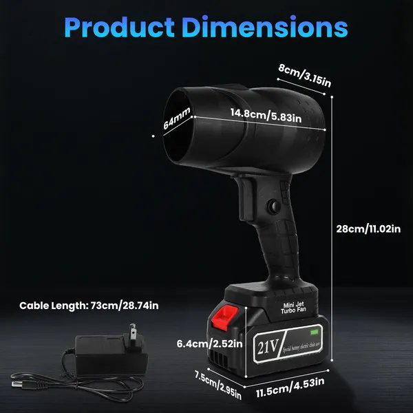 منفاخ صغير لاسلكي بسرعة 130000RPM، محرك قوي بقدرة 1000W مع تقنية التيربو - ضغط هواء 550g وقوة نفخ 600g، مخرج هواء 64mm لتنظيف الحطام الثقيل - الصورة 3