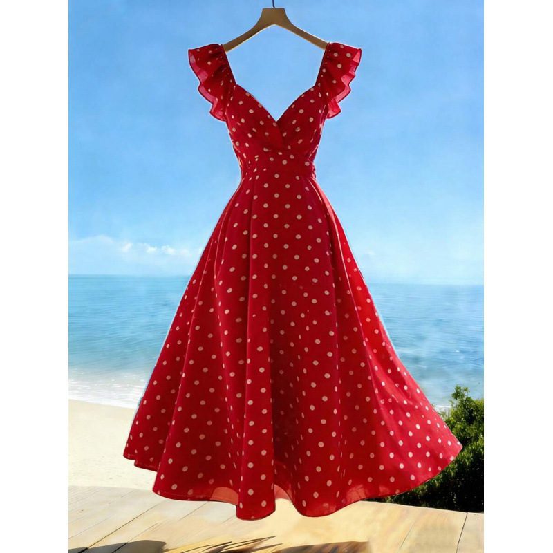 Womens Solid-Color Casual Resort V-Neck Ruffle-Trim Dress - Image 7