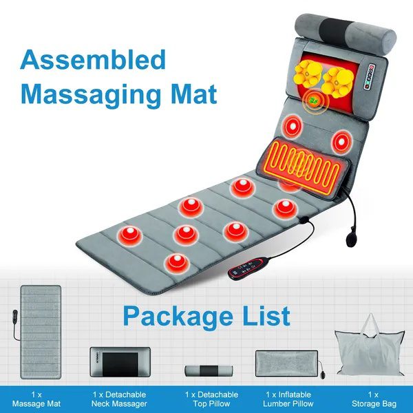 Vibration Massage Mat Full Body & Neck Kneading Massager - 20 Nodes, 3 Massage Modes&Speeds, 9 Vibration Settings, 3-Level Lumbar Heat, Inflatable Waist Pillow - Perfect Gift For Family - Image 4
