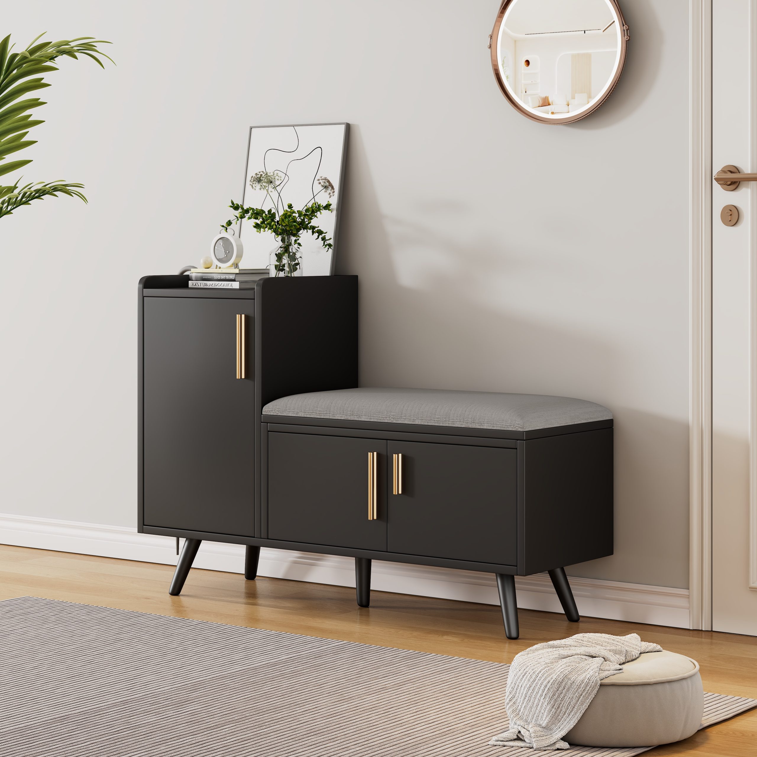 Modern Shoe Bench Storage Cabinet, Adjustable Storage Space For Boots Or Heels, Asymmetrical Metal Handles, Black, 100 X 34 X 69 Cm - Image 3