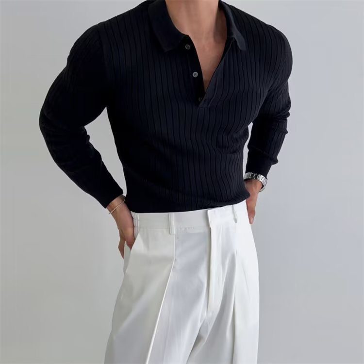 Lapel Button Long Sleeve Polo Shirt Slim Fashion Solid Striped Knitted Bottoming Shirt Top Men's Clothing - Image 2