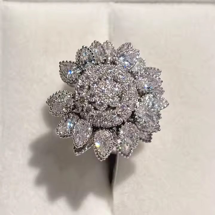 Flower Adjustable Open Silvery Ring For Women, Trendy Elegant Unique Cubic Zirconia Enamel Front Open Floral Leaf Easter Jewelry Gift-flower - Image 5