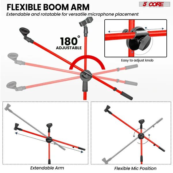 حامل ميكروفون أرضي 5 Core (قطعتان)، قابل لتعديل الارتفاع، بتصميم ثلاثي القوائم مع ذراع بوم تلسكوبي قابل للتمديد - الصورة 3