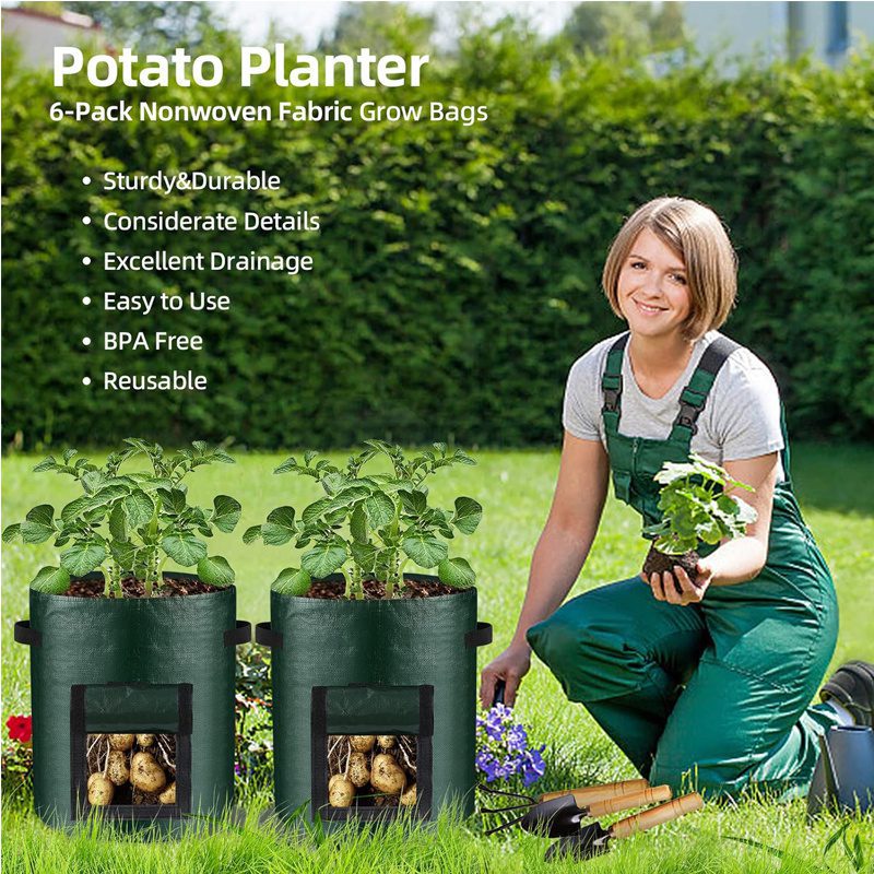10 Gallon -6 Pack Potato Grow Bags, Heavy Duty PE Fabric Pots With Flap And Handles, Green Planter Bags For Potato Vegetables Outdoor Garden, For All Plants Growing - Image 8