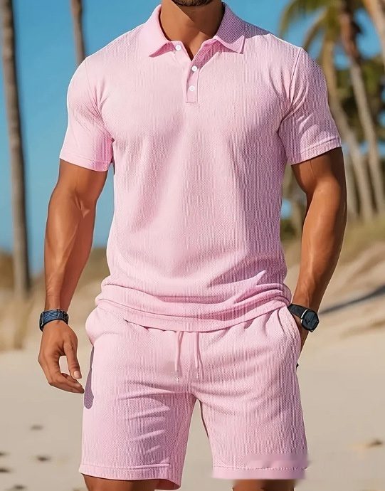 Men's Casual Beach Mesh Lapel Set Summer Comfortable Breathable Loose Solid-Color Sports Short-Sleeved Shirt And Shorts Set - Image 9