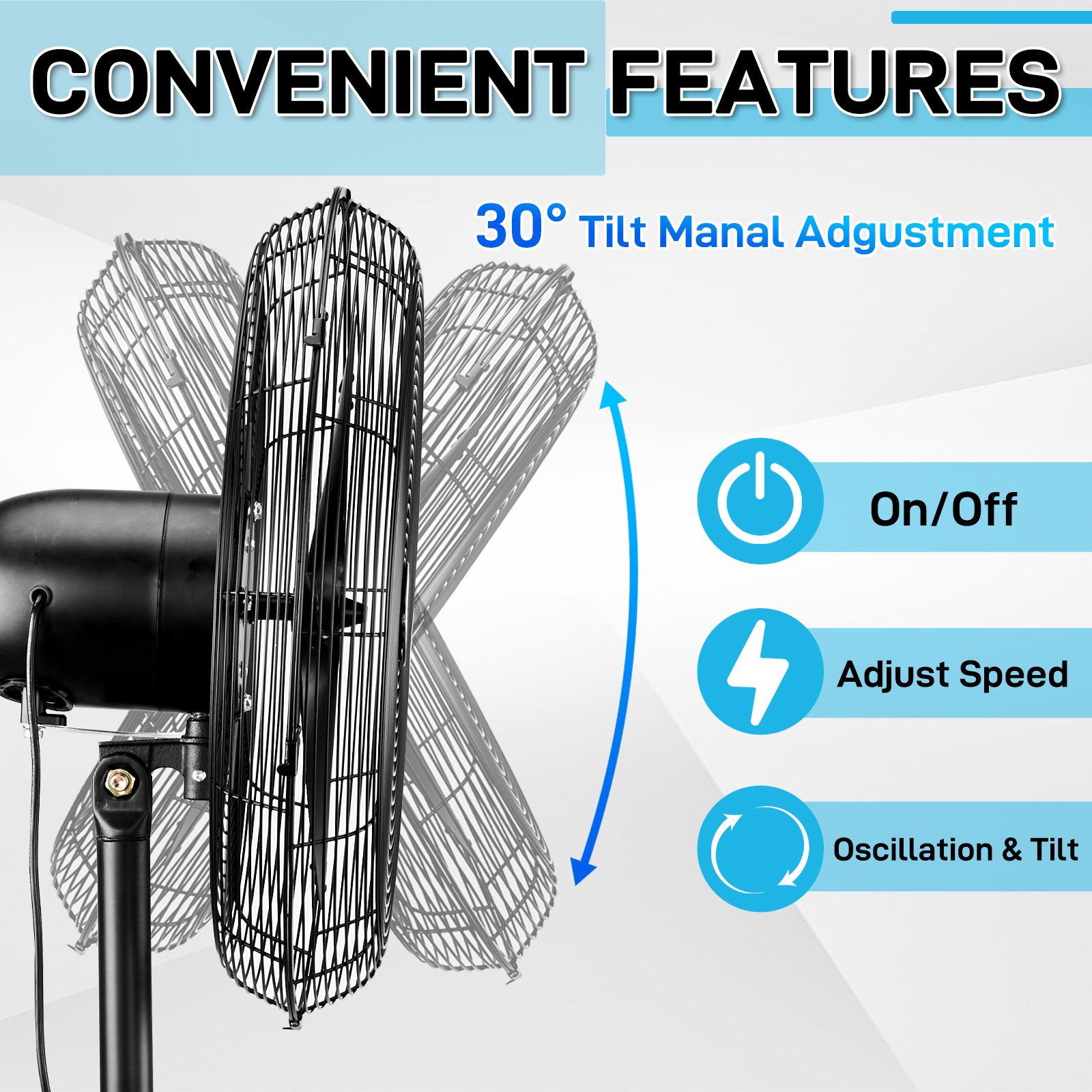 20 Inch Oscillating Pedestal Floor Fan, 5000 CFM High Velocity Standing Fan With BLDC Copper Motor, 4 Speeds Adjustable Height & Tilt Aluminum Blades Metal Industrial Fan For Garage Workshop Comm - Image 9