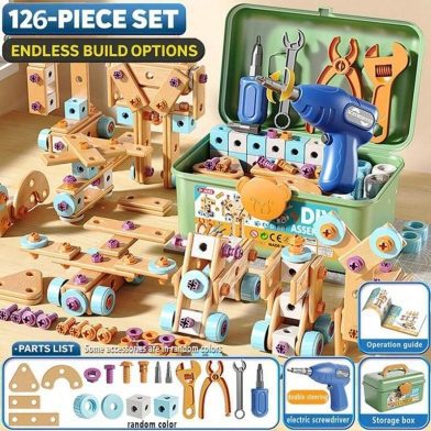 126-Piece Creative Wooden Construction & Tool Set Early Education Pretend Play Toy