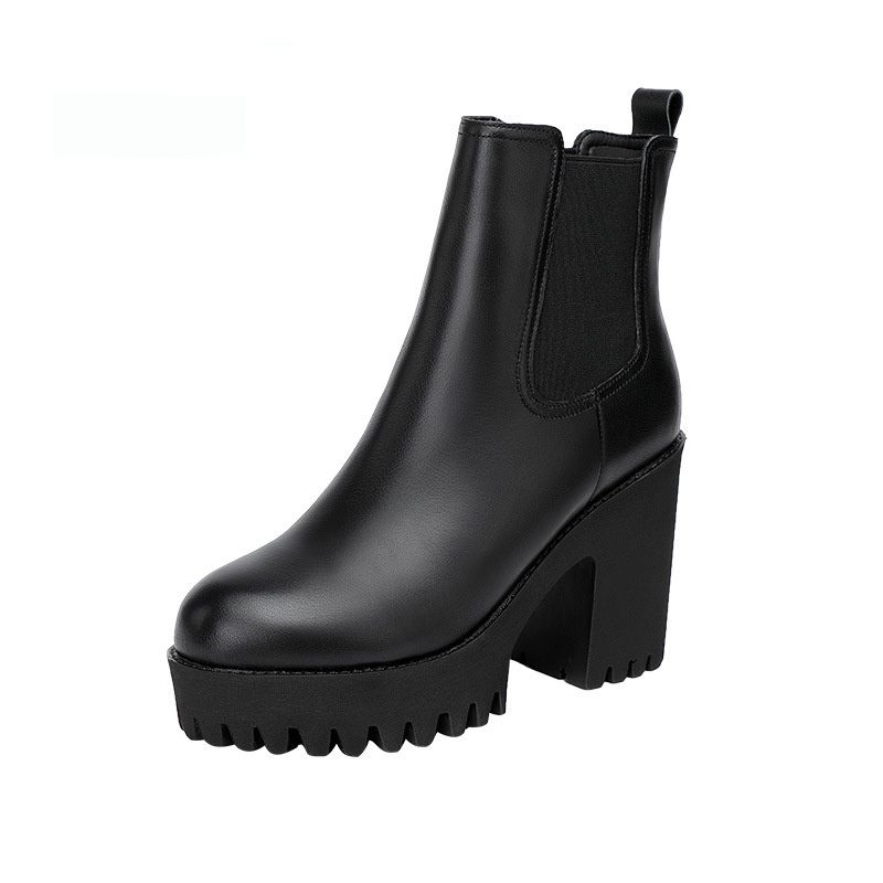 Women's Solid Color Genuine Leather High-heel Thick-heel Platform Mid-calf Boots - Image 2