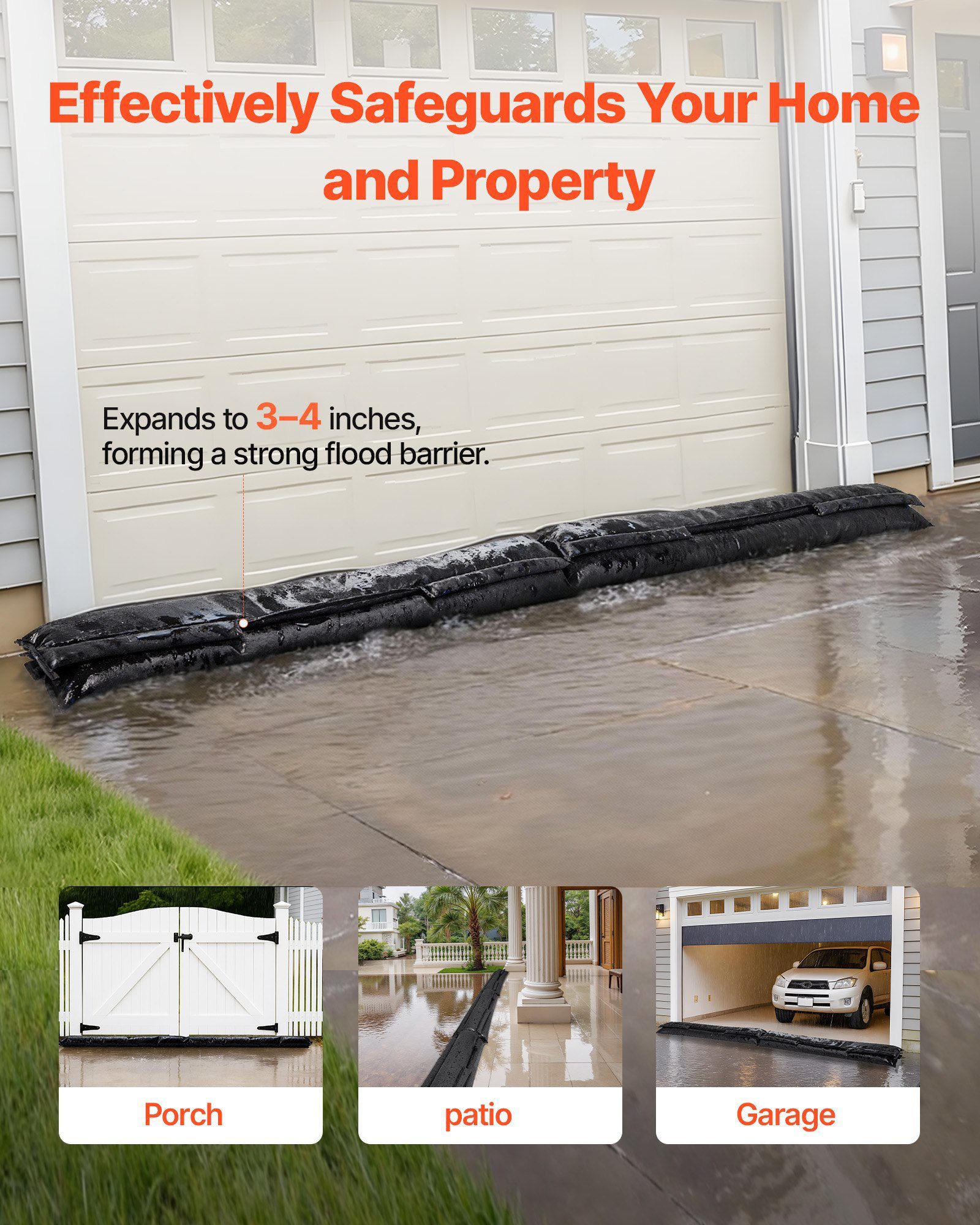 Flood Barrier, 4 عبوات، أكياس حاجز الفيضانات 1530 × 210 مم يتم تنشيطها بالماء، حاجز ماص للماء، أكياس رمل بدون رمل لمنع تسرب المياه، أكياس منع الفيضانات للمنزل، المداخل، القبو، المرآب - الصورة 2