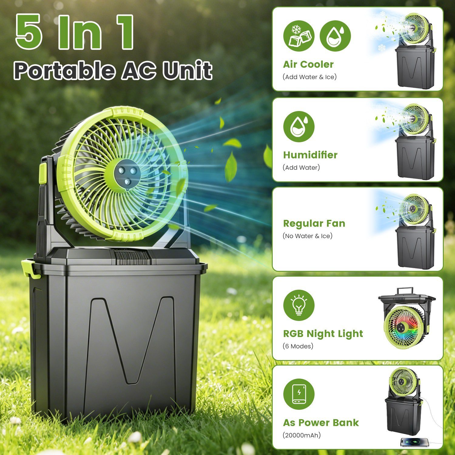 1Pc 5 In 1 20000mAh 10L Bucket Portable Misting Fan Indoor Outdoor Rechargeable Camping Cooling Fan Work As Air Cooler Humidifier Power Bank & RGB Night Light With Remote Control - Image 2