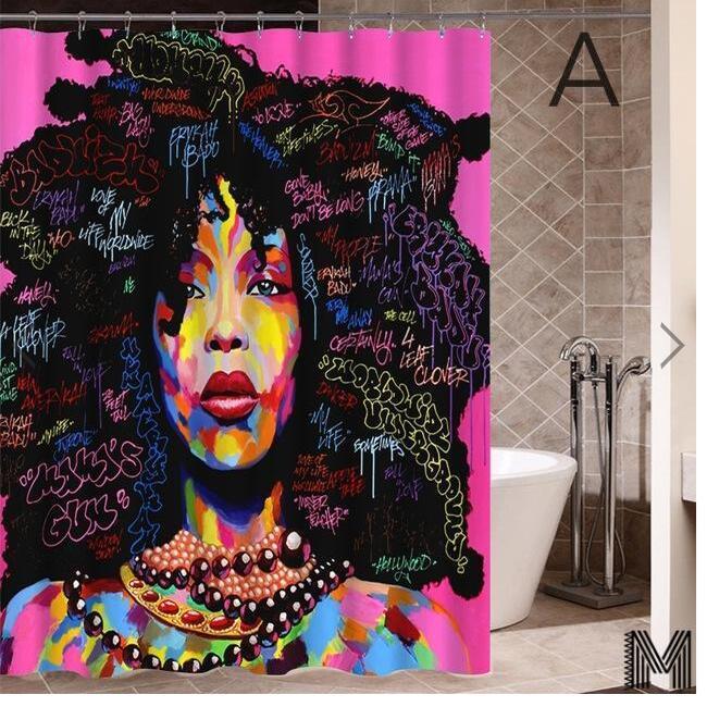 Art Design Graffiti Art Hip Hop African Girl with Black Hair Big Earring with Modern Building Shower Curtain for Bathroom Decor - Image 8