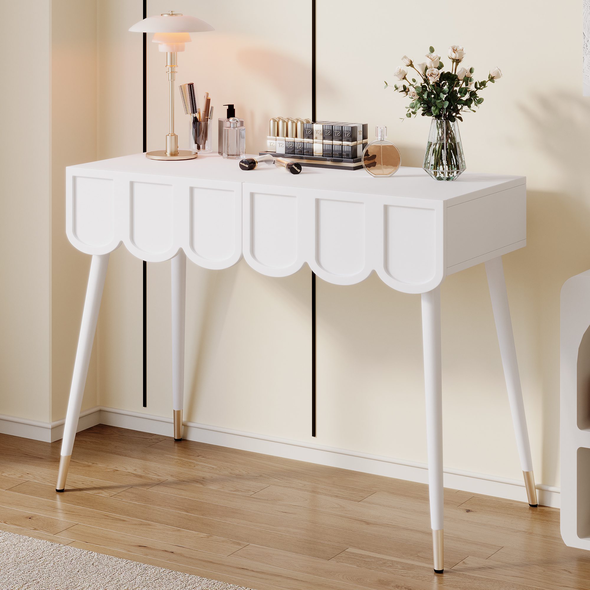 Vanity Table Dressing Table With 2 Drawers, Metal Legs, White, Dimensions W100 X D40 X H76 Cm - Image 4