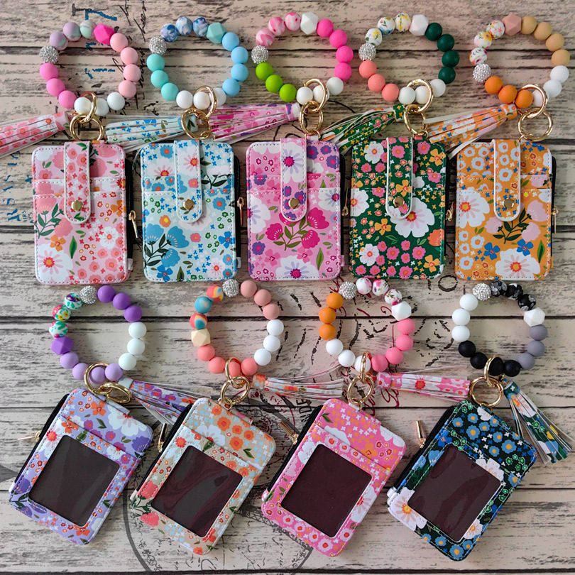 Womens Silicone Bead Bracelet Keychain Cardholder