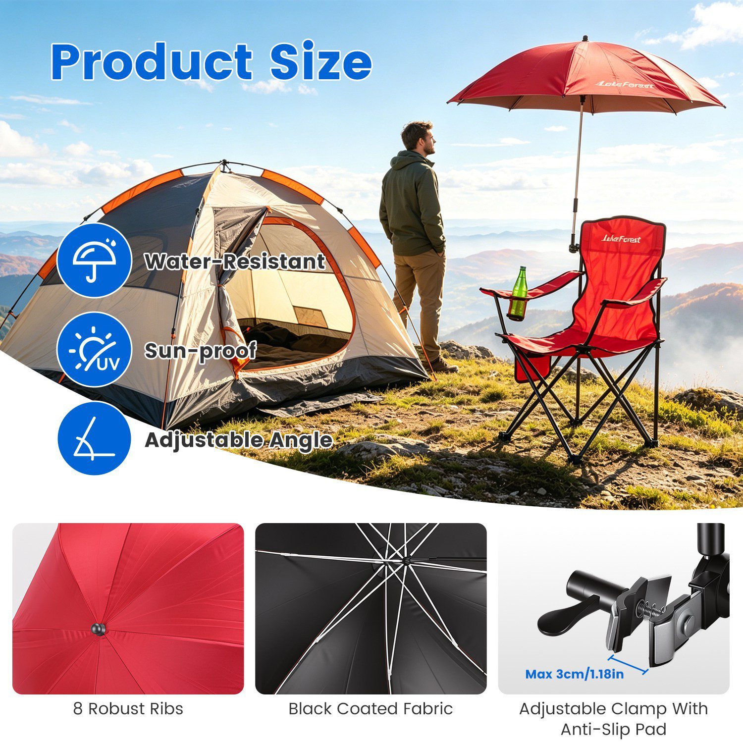 1Pc Camping Chair With Umbrella Lightweight Foldable Outdoor Chair With Cup Holder Detachable Sun Canopy Carrying Bag 330LBS Max Load For Beach Picnic Travel Concert Outdoor Activities - Image 5