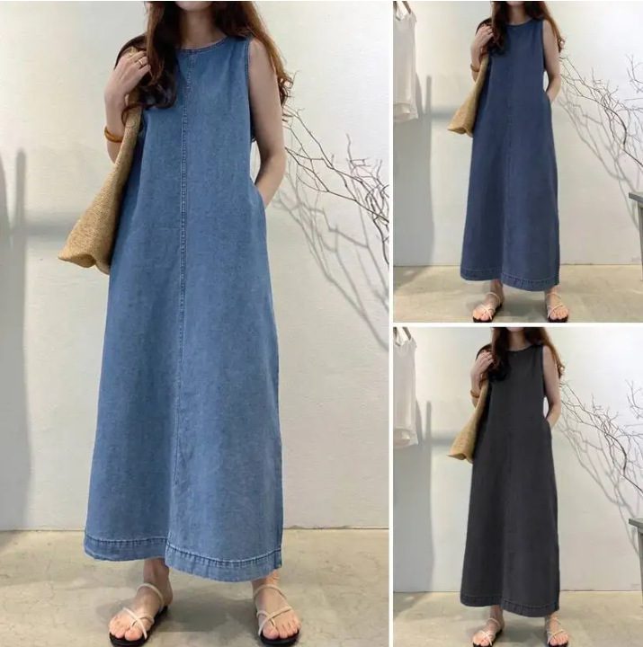 Womens Solid-Color Fashionable Round-Neck Loose-Fit Pocketed Dress - Image 2