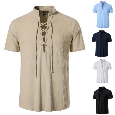 Mens Short-sleeve Casual Henley-neck Large-size Beach Shirt