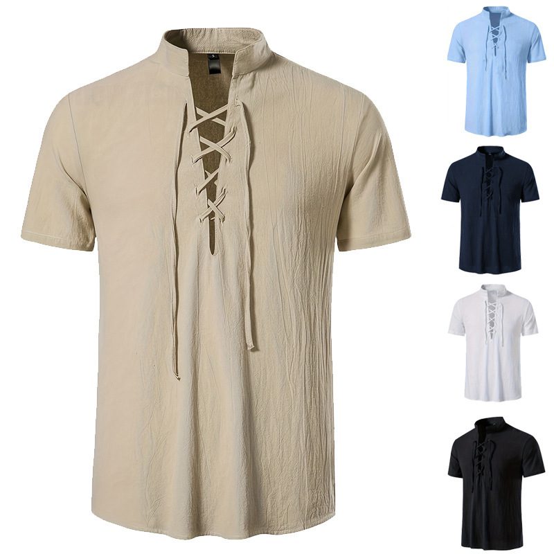 Mens Short-sleeve Casual Henley-neck Large-size Beach Shirt