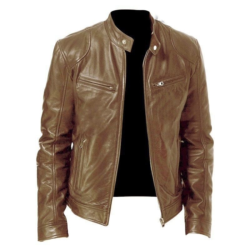 Men's Zip-up Cardigan PU Leather Jacket Fashion Pockets Stand Collar Short Tops Clothing - Image 2