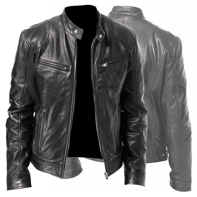 Men's Zip-up Cardigan PU Leather Jacket Fashion Pockets Stand Collar Short Tops Clothing - Image 6