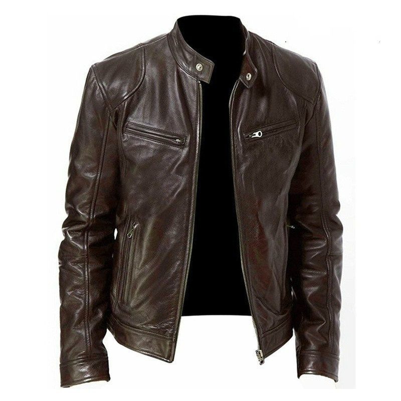 Men's Zip-up Cardigan PU Leather Jacket Fashion Pockets Stand Collar Short Tops Clothing - Image 4