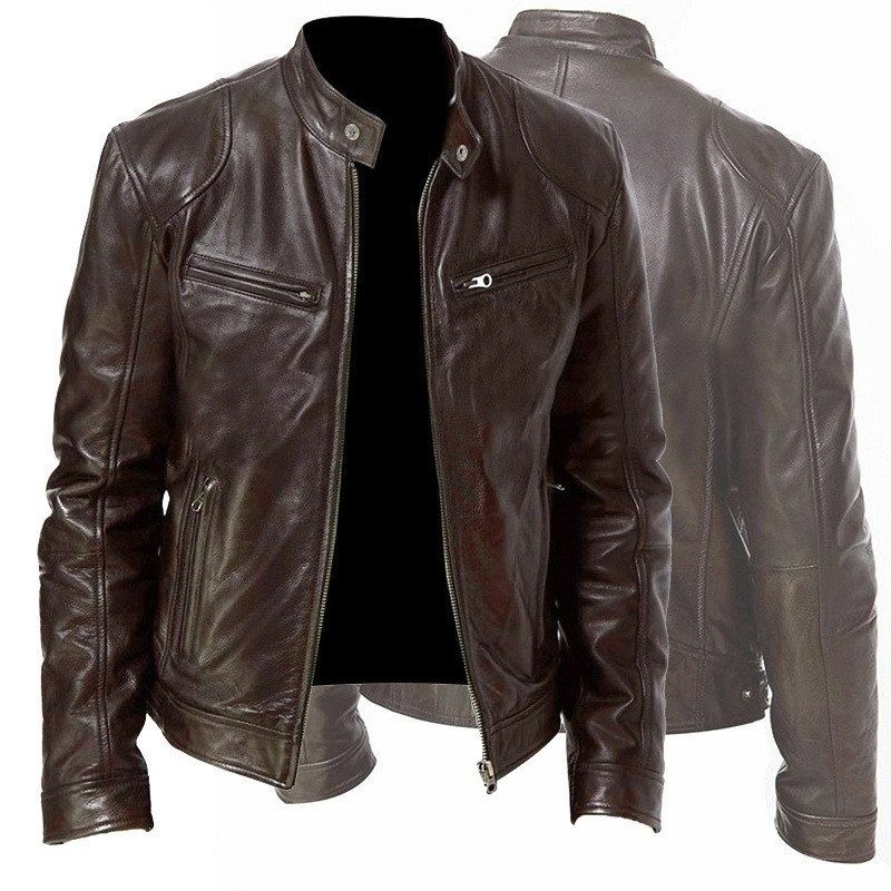 Men's Zip-up Cardigan PU Leather Jacket Fashion Pockets Stand Collar Short Tops Clothing - Image 3