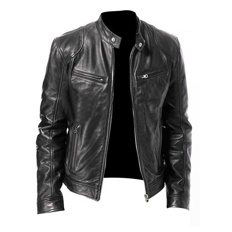 Men's Zip-up Cardigan PU Leather Jacket Fashion Pockets Stand Collar Short Tops Clothing - Image 5