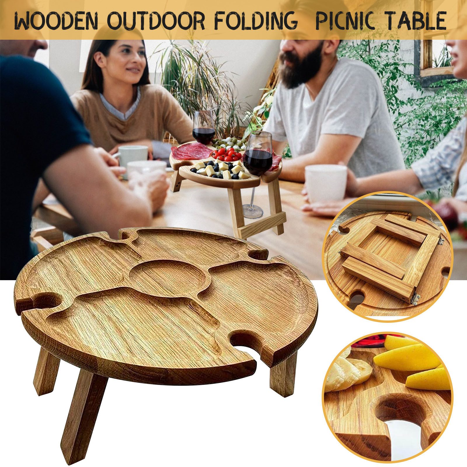 Wooden Outdoor Folding Picnic-table With Glass Holder 2 In 1 Wine Glass Rack Outdoor Wine Table Wooden Table Easy To Carry Wine - Image 3