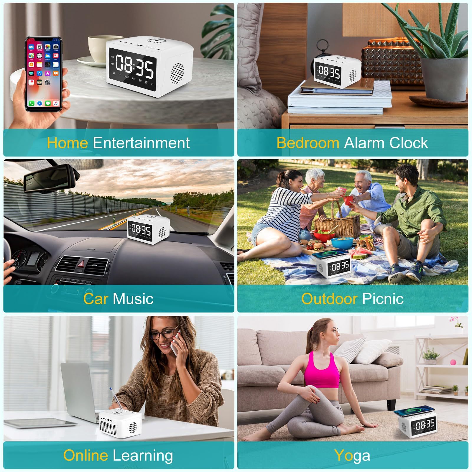 منبهات بجانب السرير، ساعة منبه رقمية مع مكبر صوت Bluetooth، منفذ شحن USB، راديو FM، شحن لاسلكي Qi عالمي، شاشة LED قابلة للتعتيم، مكبر صوت لاسلكي مزدوج للمنزل والعمل - الصورة 5
