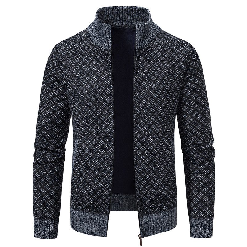 Thickened Plaid Print Jacket Cardigan Fashion Slim Fit Zipper Stand Collar Sweater Winter Men's Casual Long Sleeve Knitted Top Clothing - Image 5