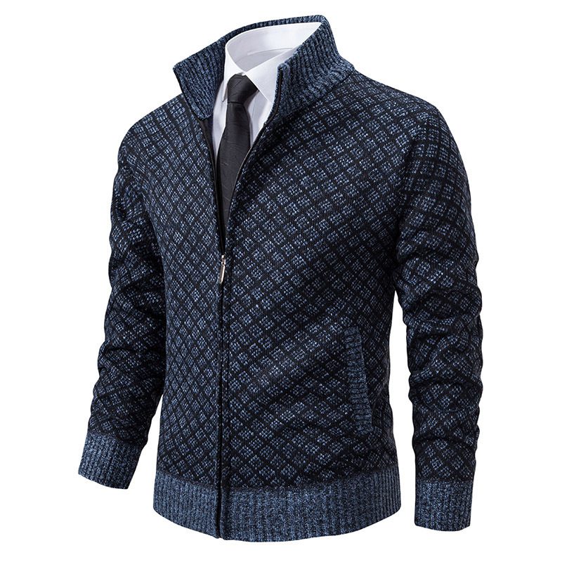 Thickened Plaid Print Jacket Cardigan Fashion Slim Fit Zipper Stand Collar Sweater Winter Men's Casual Long Sleeve Knitted Top Clothing - Image 9