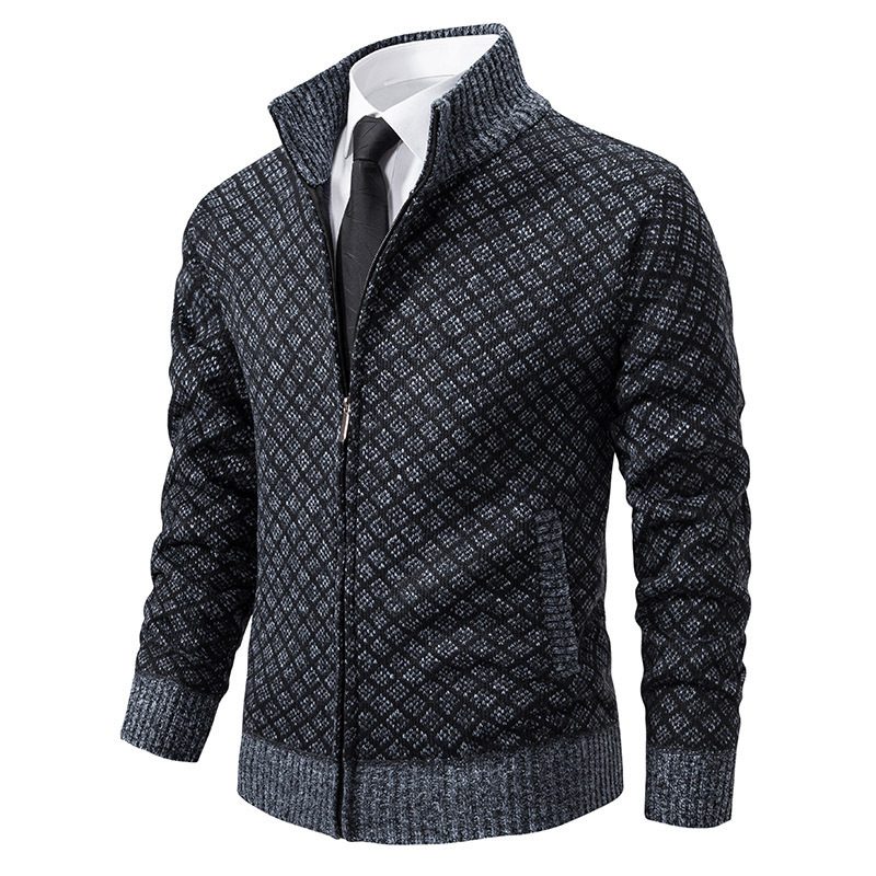 Thickened Plaid Print Jacket Cardigan Fashion Slim Fit Zipper Stand Collar Sweater Winter Men's Casual Long Sleeve Knitted Top Clothing - Image 10