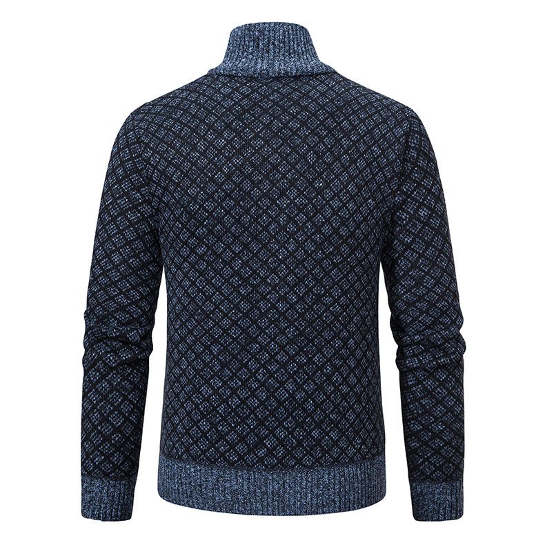 Thickened Plaid Print Jacket Cardigan Fashion Slim Fit Zipper Stand Collar Sweater Winter Men's Casual Long Sleeve Knitted Top Clothing - Image 2