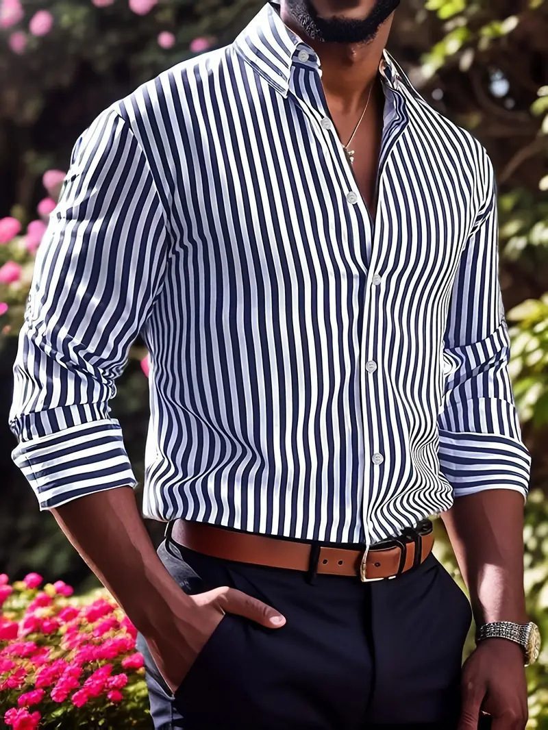 Ins Stripe Printed Long Sleeve Shirt Men Fashion Casual Lapel Button Top Clothing - Image 9
