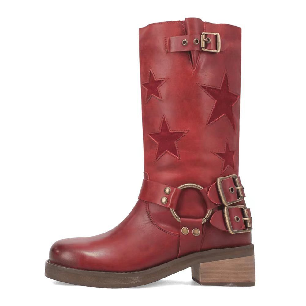 Stitched Belt Buckle Low-heeled Ankle Boots - Image 7