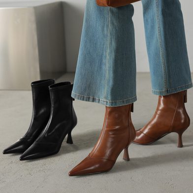 Stiletto-heeled Cowhide Pointed-toe Ankle Boots With A Back Zipper