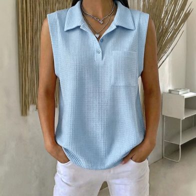 Womens Solid-color Knitted Polo-neck Sleeveless Shirt Vest