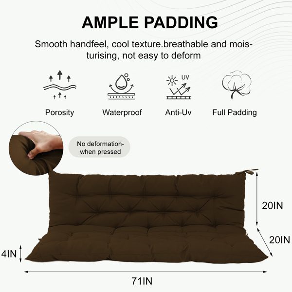 Outdoor Swing Cushions 70 Inch, Waterproof 4in Thick Porch Swing Cushion Replacement With Backrest And Ties, Comfortable 2-3 Seat Pation Swing Pad For Backyard, Garden, Lawn, Outdoor Furniture Coffee - Image 2