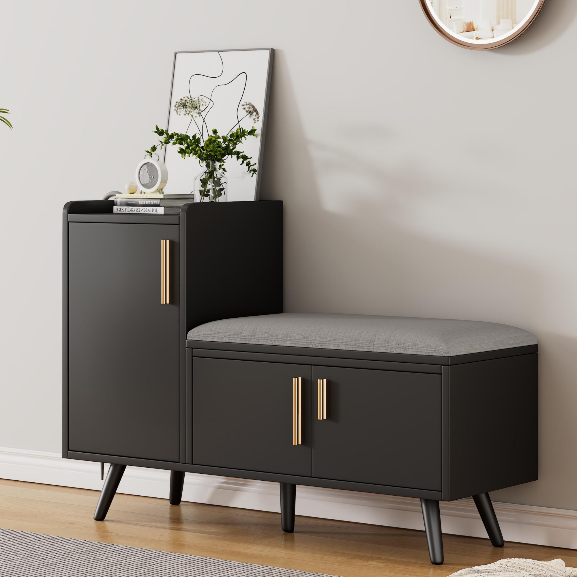 Modern Shoe Bench Storage Cabinet, Adjustable Storage Space For Boots Or Heels, Asymmetrical Metal Handles, Black, 100 X 34 X 69 Cm - Image 2