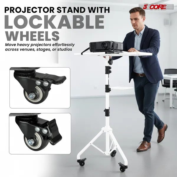 Projector Stand 29.5 To 71 Inch Adjustable Tripod 2 Shelves Portable Laptop Cart W Phone Holder - Image 3
