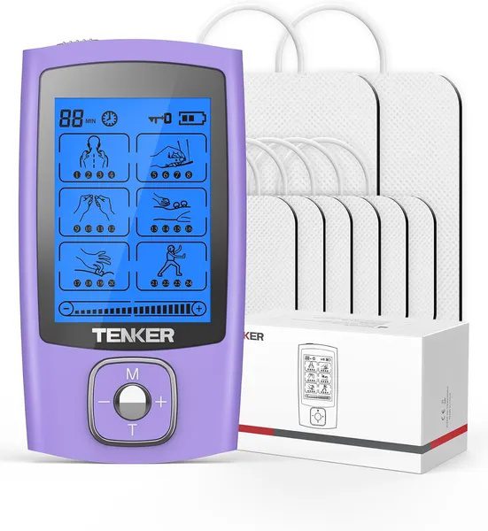 جهاز تحفيز العضلات TENS، جهاز TENS EMS بـ 24 وضعًا للعلاج بتخفيف الألم وإدارته، جهاز تدليك نبضي إلكتروني قابل لإعادة الشحن مع لاصقات أقطاب TENS بحجم 2×2 بوصة و2×4 بوصة.