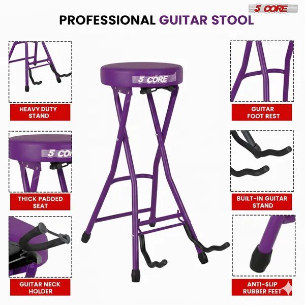 5Core Guitar Stool 3.15" Padded Chair Foldable Heavy Duty Music Seat Built In Foot Rest Guitar Stand - Image 2