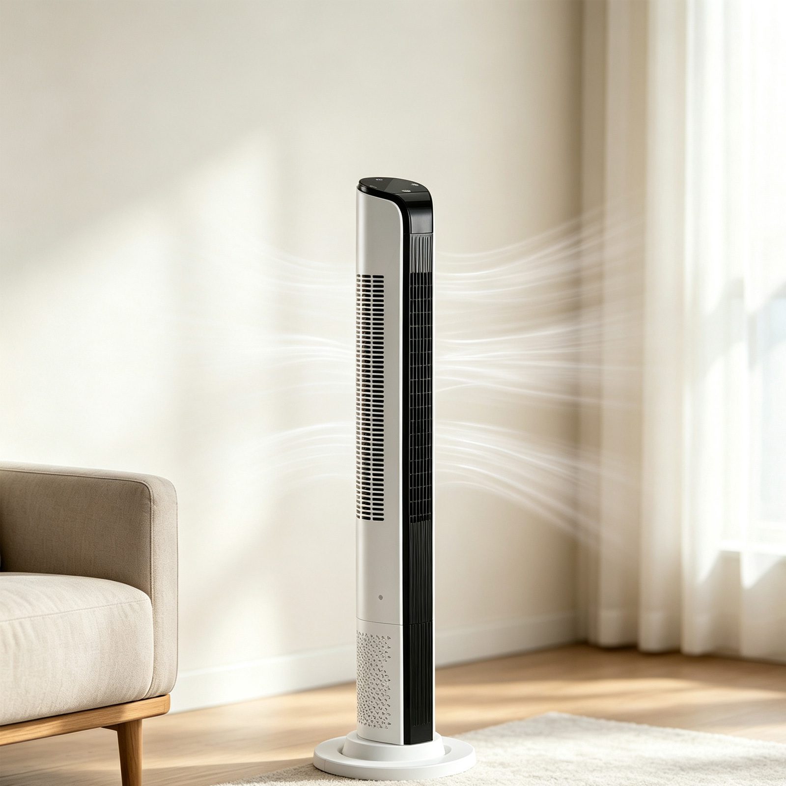 42 بوصة مروحة برجية ذكية، مروحة عمودية بدون شفرات بمحرك نحاسي بالكامل بجهد 110V وقدرة 65W، تحكم عن بُعد عبر تطبيق WiFi، شاشة رقمية، 3 سرعات و3 أوضاع، مؤقت 12 ساعة، مروحة برجية موفرة للمساحة لغرفة النوم وغرفة المعيشة، بدون ضوضاء - الصورة 2