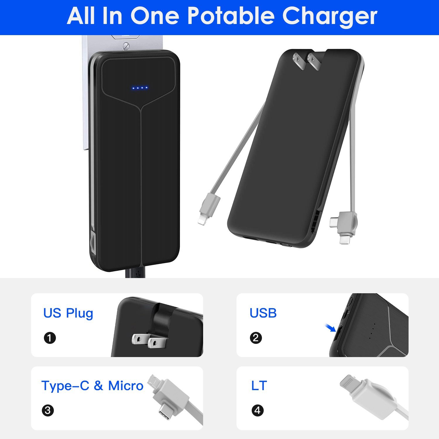 10000mAh Power Bank Portable Charger With US Plug 2 Built-in Cables External Battery Pack With 4 Ouputs 3 Inputs Fit For IOS Phone 14 Android And More - Image 6