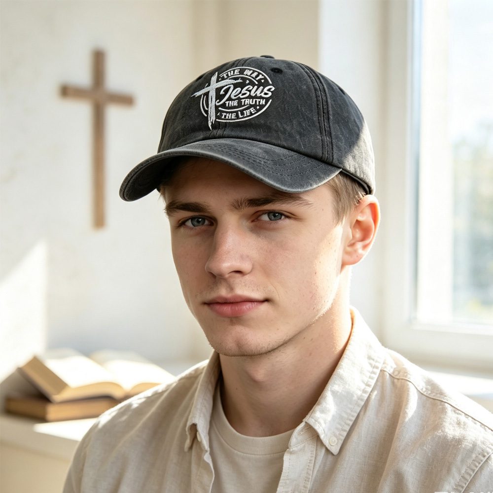 2pcs Vintage Washed Black Baseball Cap For Women Men, Jesus The Way The Truth The Life Cross Embroidered Faith Christian Hat