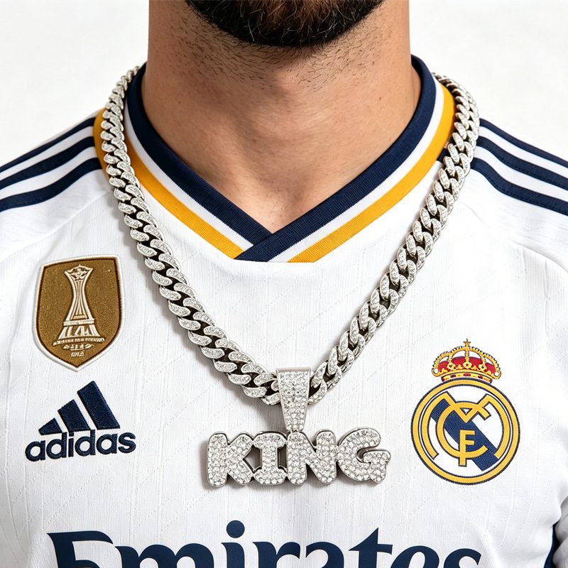13mm Width Football Pendant Necklace,Full Diamond King Fashion Pendant Necklace, 3D Diamond Gold Zinc Alloy Stainless Steel Religious Zircon - Image 9